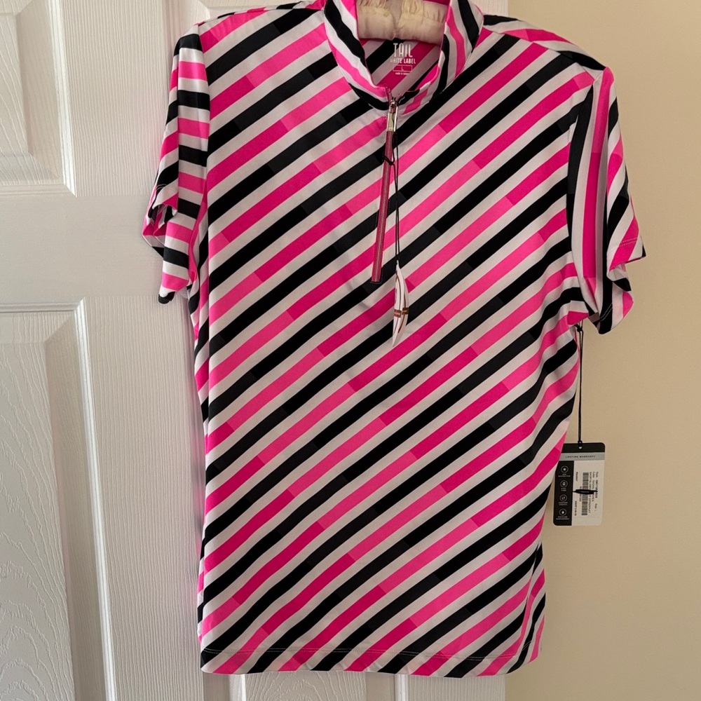 Tail Women's Polo in Pink, Black, and White Stripes